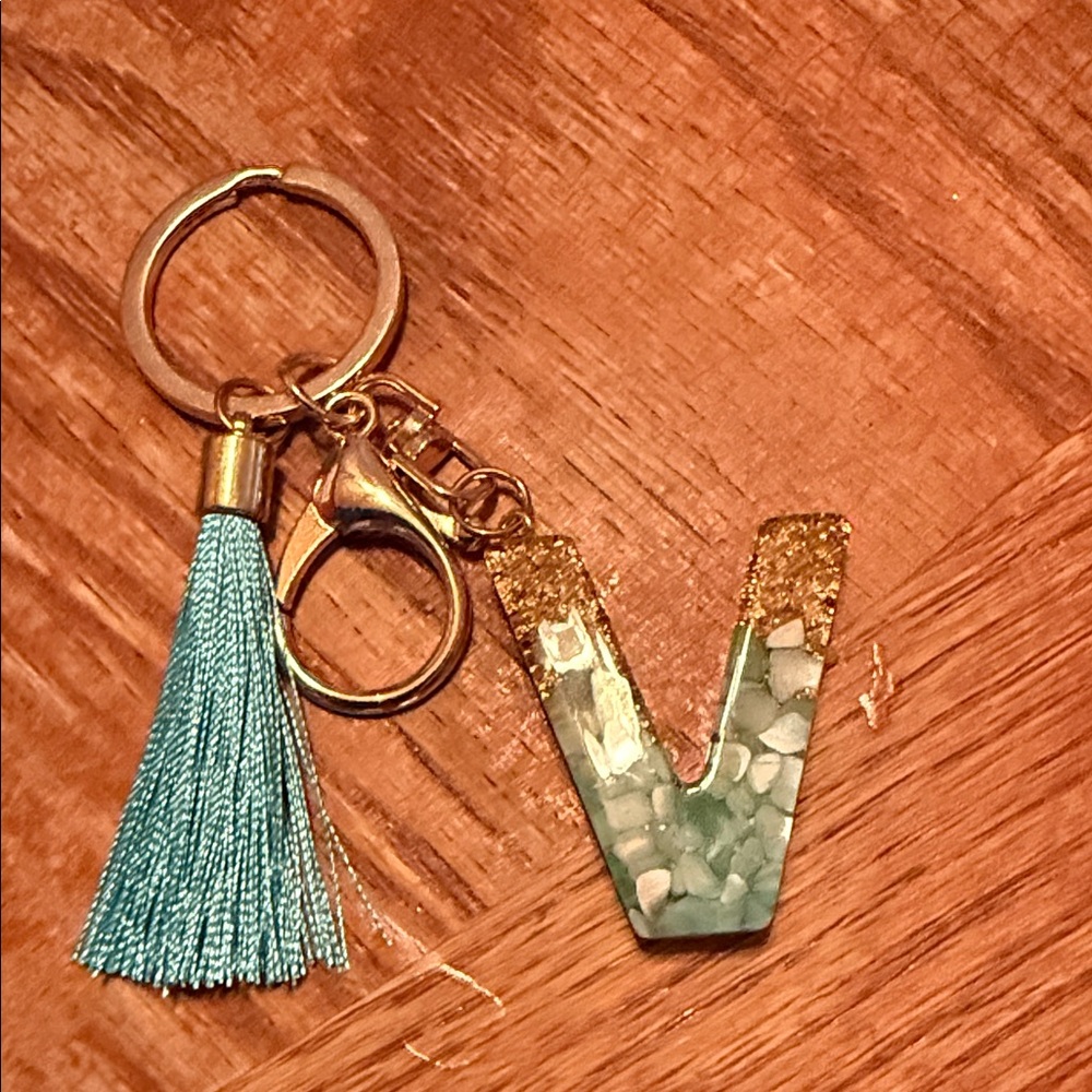 Gold & Aqua Resin 'V' Tassel Keychain - Women Accessories